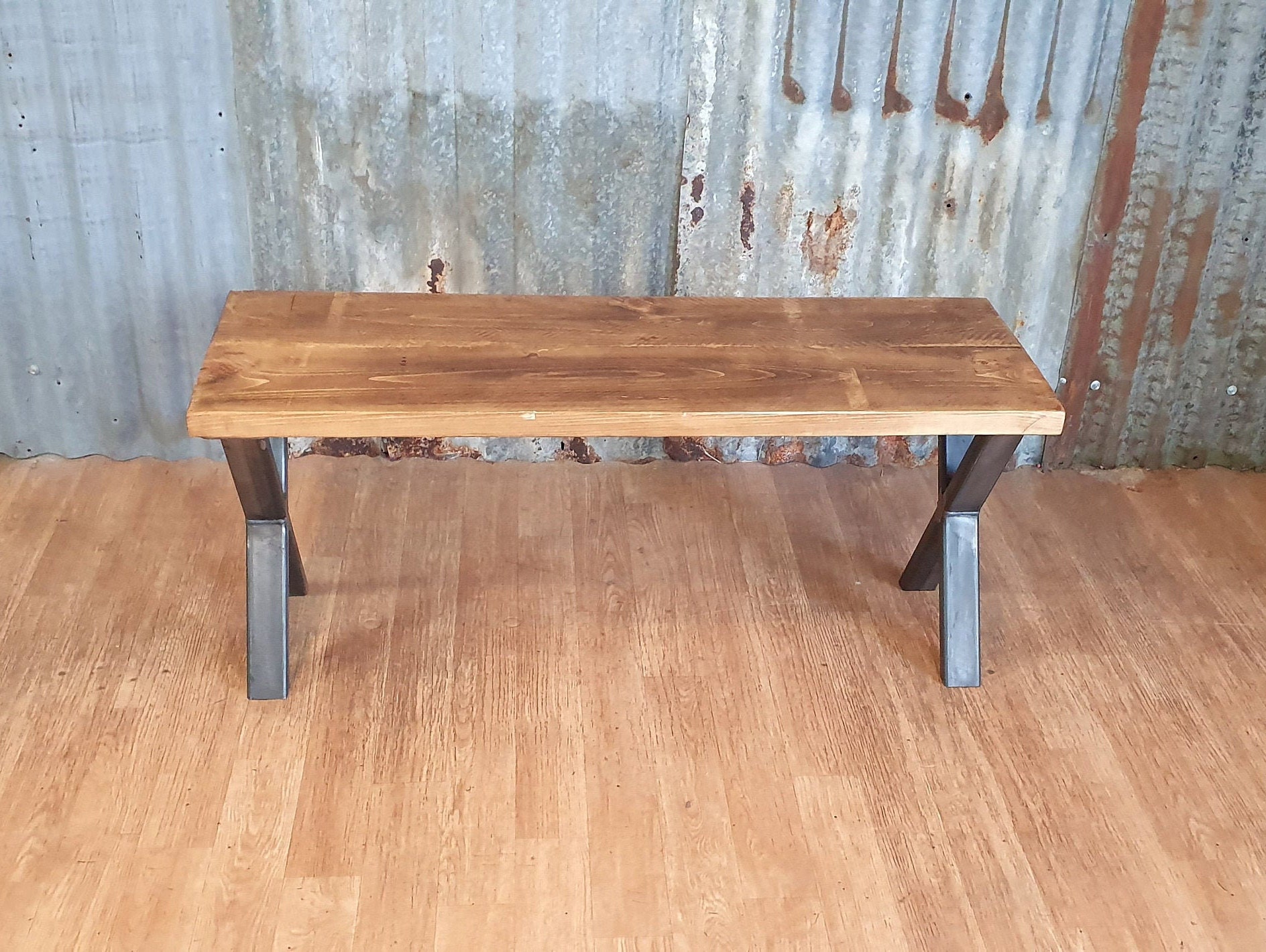 Industrial style bench with X legs, dining table benches, solid wooden
