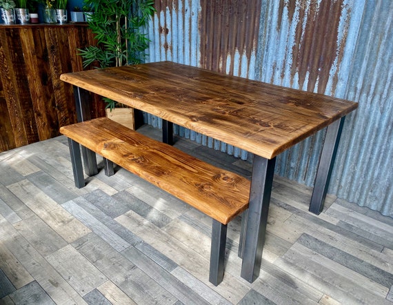 Live edge Industrial dining table with steel legs and benches, bespoke wood dining table and bench package