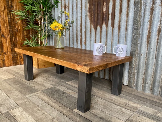 Coffee table rustic-industrial inspired with chunky steel legs, rustic coffee table, solid wood coffee table