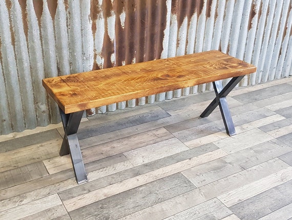 Industrial style bench with X legs, dining table benches, solid wooden bench