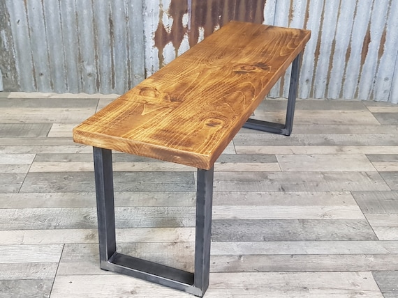 Industrial style bench with square loop legs, dining table bench, solid wood bench,