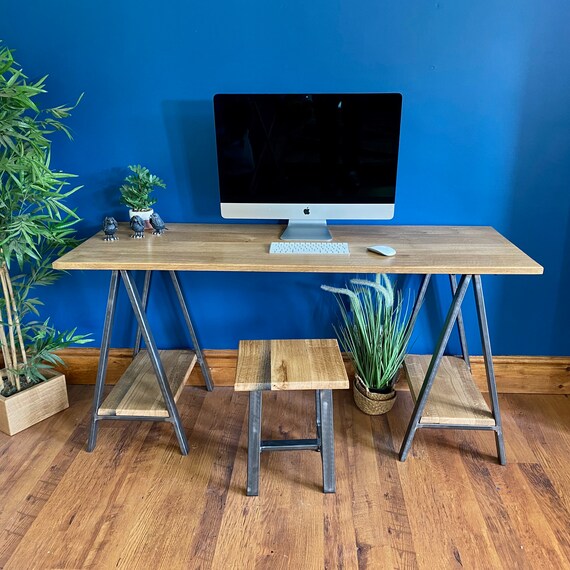 Modern trestle oak desk Industrial style oak desk with trestle legs and shelf storage Oak Steel Writing Computer Desk or Console Etsy