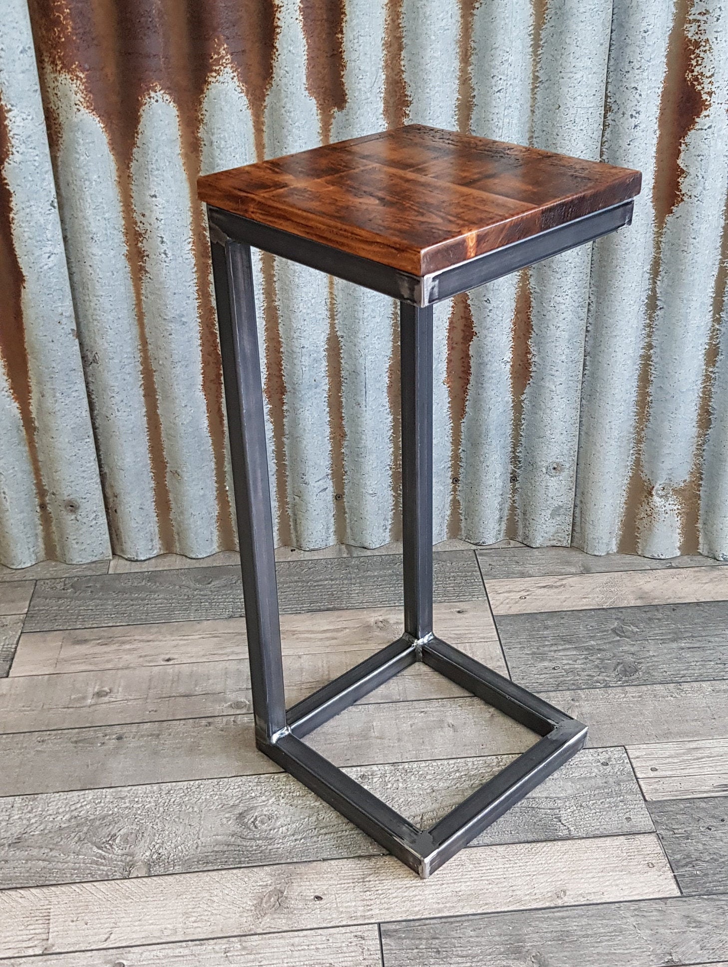 sofa side table rusticindustrial style, wooden Cshaped lap table