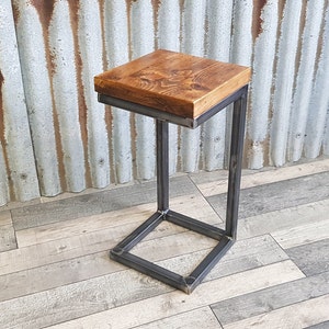 Rustic industrial sofa side table, wooden C-shaped lap table, bespoke modern sofa side table, contemporary sofa table