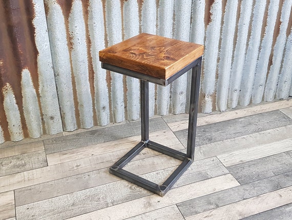 Rustic industrial sofa side table, wooden C-shaped lap table, bespoke modern sofa side table, contemporary sofa table