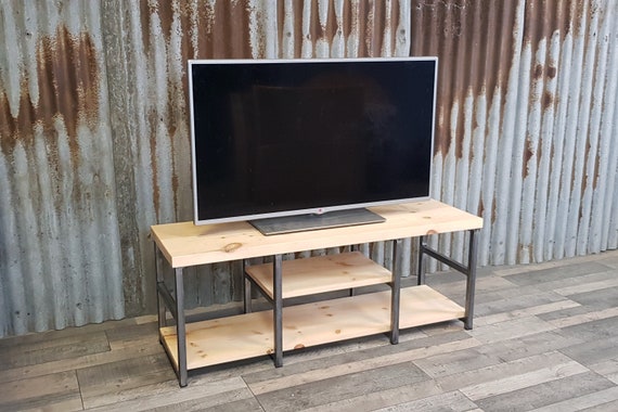 TV bench with storage Industrial-inspired, rustic reclaimed style TV unit, media unit with vinyl storage, rustic bench with shoe storage