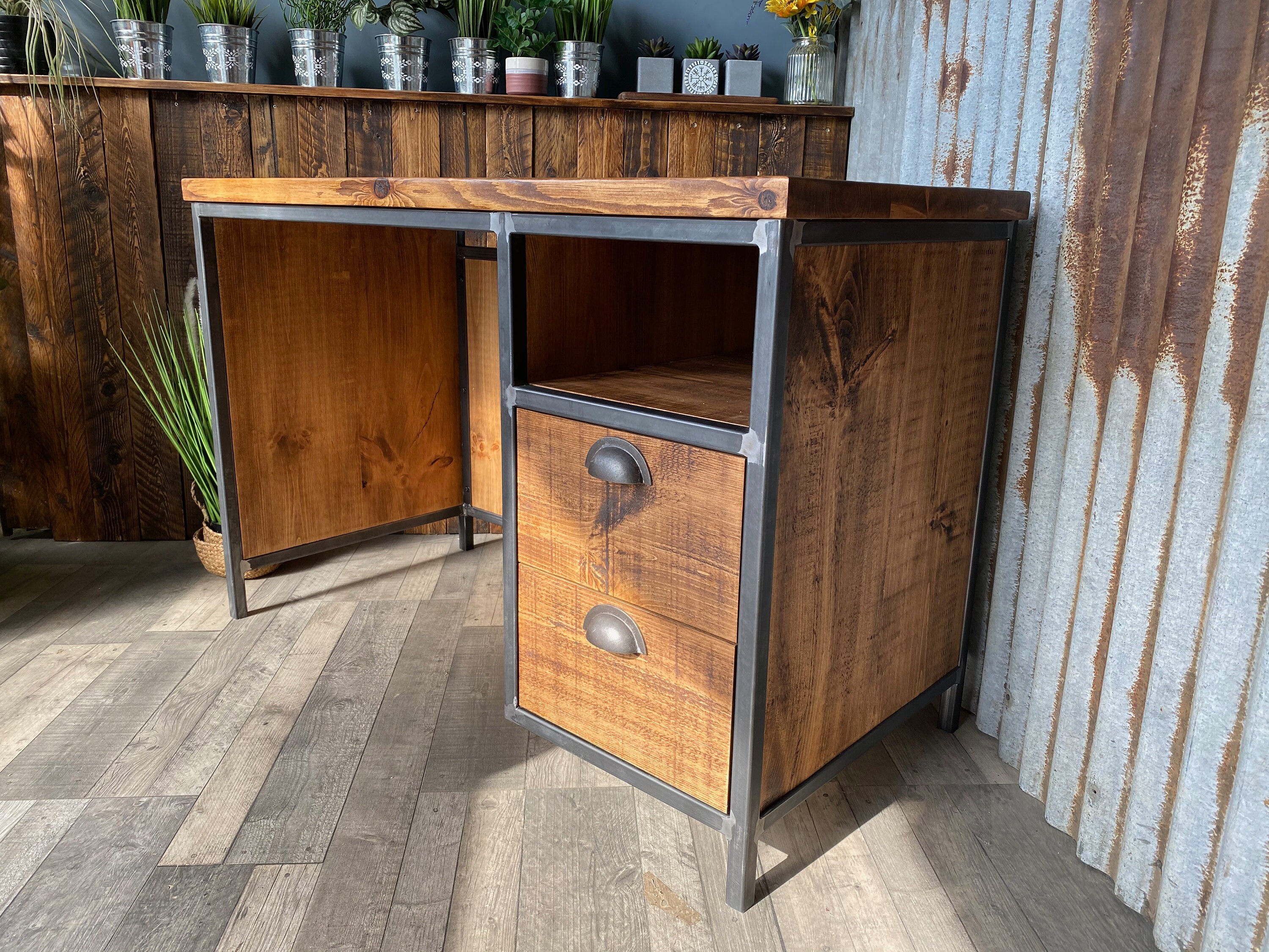 Industrial rustic desk with storage, compact desk for home office, desk