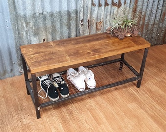 Industrial shoe storage bench, hallway bench with storage, rustic wooden shoe storage rack, hallway organisation shoe bench seat