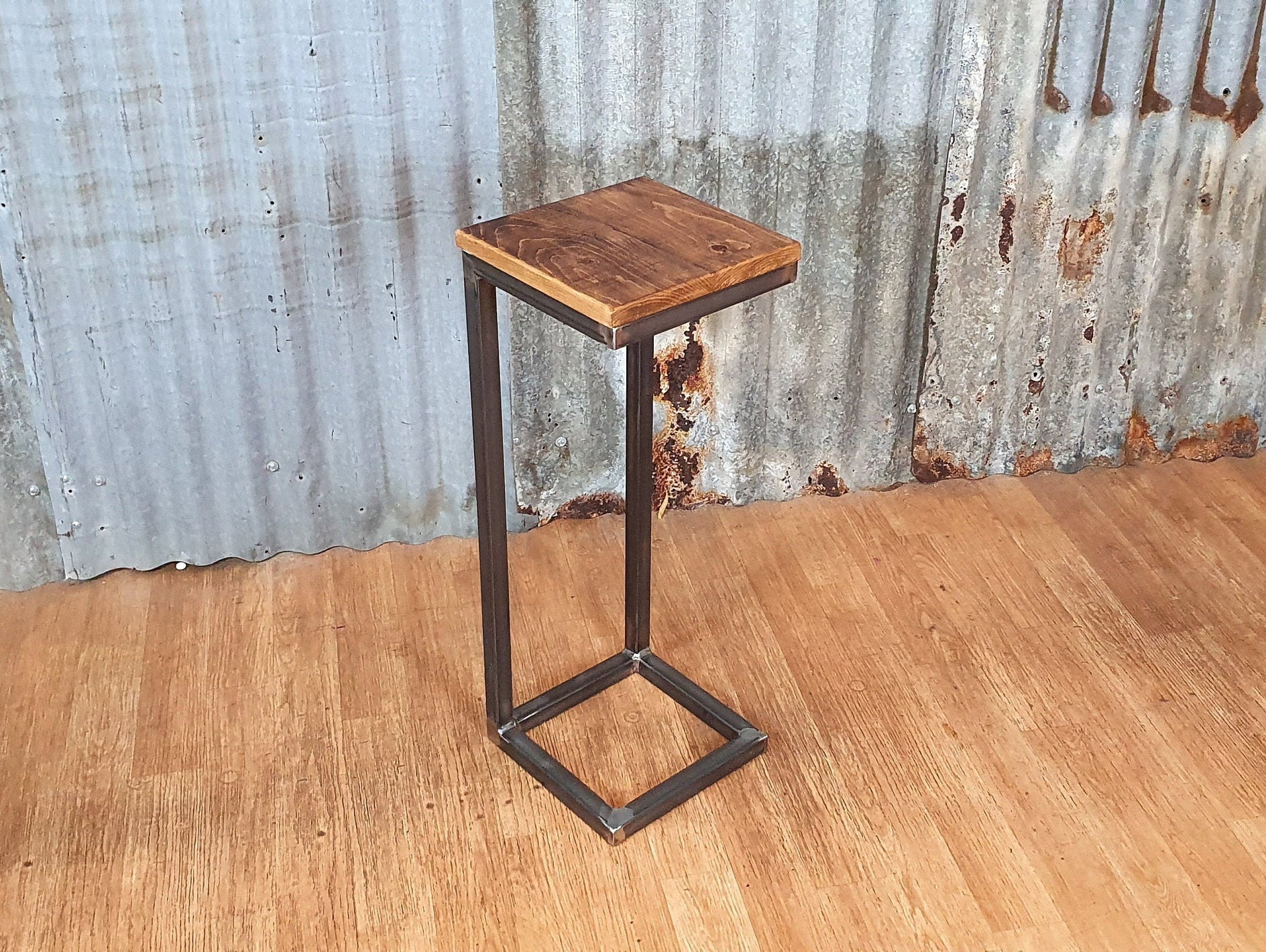rustic industrial sofa side table, wooden Cshaped lap table, bespoke