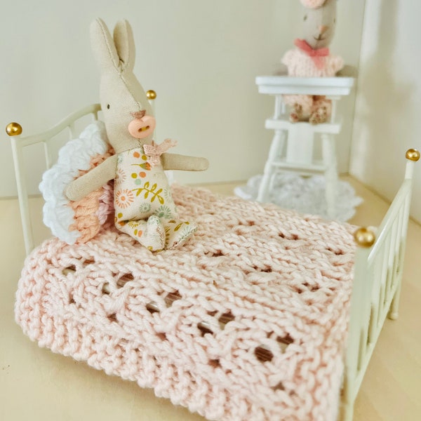 Soft Hand-knit Blanket, Afghan, Bedding for Maileg Mouse Bed, Playpen, Calico Critters, or 1:12 Miniature Dollhouses, various colors
