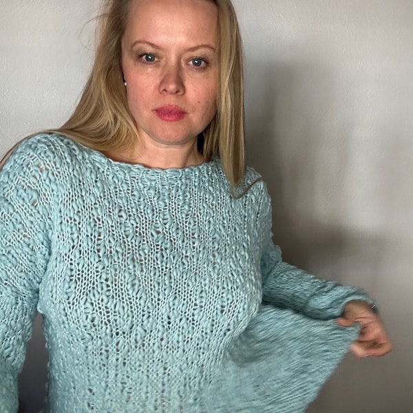 Fluffy light merino cotton  sweater bulky and very comfy  women Tiffany color