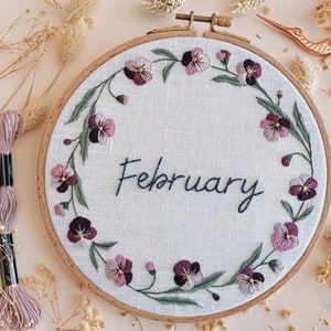 Violet February Birth Month Flower, Customisable hand embroidery pattern PDF download + Video guide, February personalised birthday gift