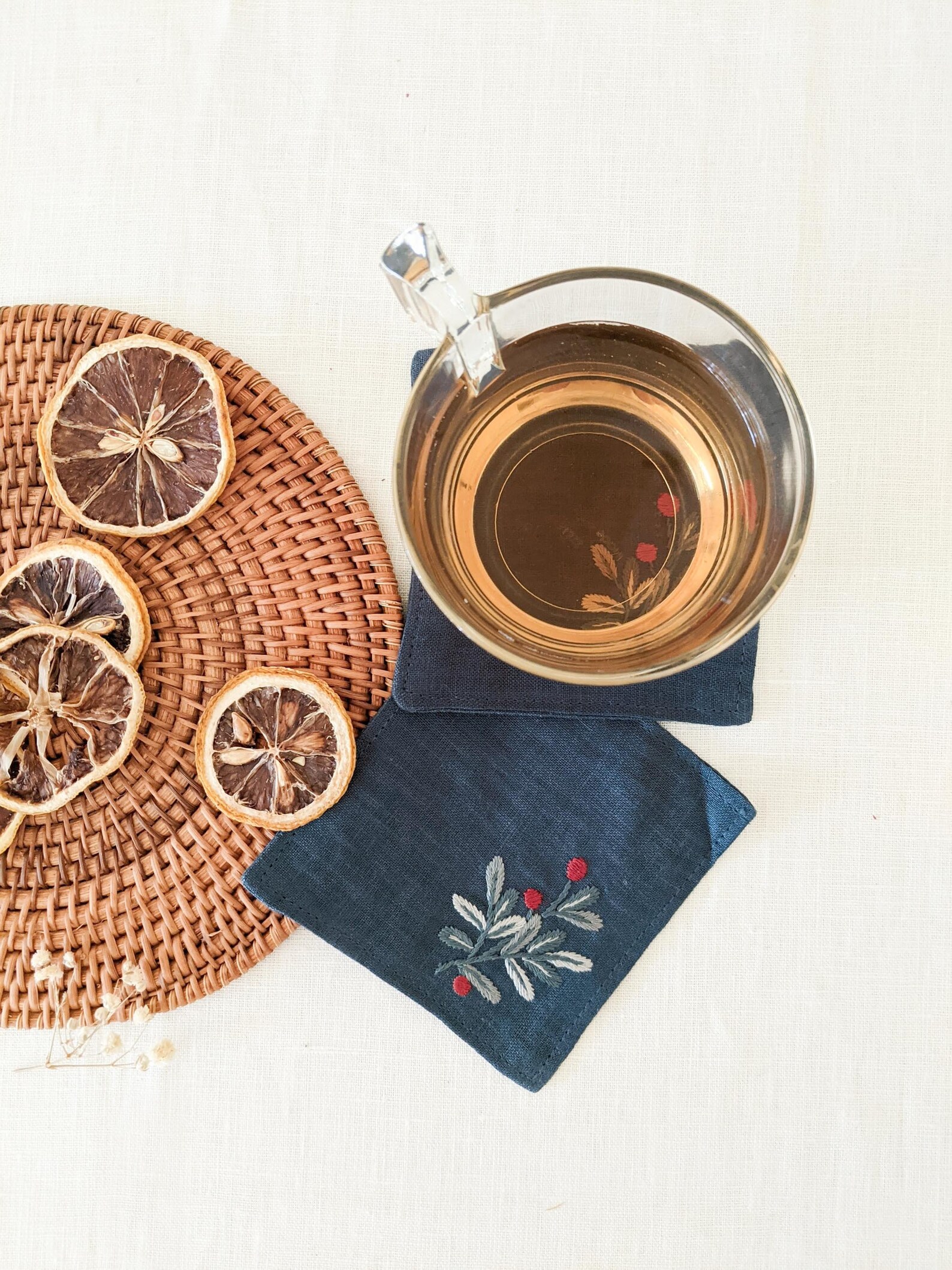 Hand Embroidered Linen Coasters Sets Floral Cocktail Napkins Etsy