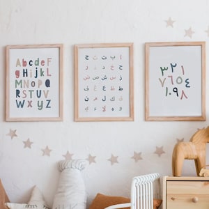 Peut inclure: Trois impressions encadrées d'alphabets et de chiffres dans une chambre d'enfant. Les impressions présentent des lettres et des chiffres colorés dans différentes polices. Les cadres sont en bois clair, et le fond est un mur blanc avec des décorations en forme d'étoiles.