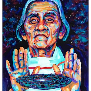 May include: A vibrant portrait of a person with blue hair and a white shirt, holding a galaxy-like object. The artwork features a colorful palette of blues, oranges, and purples, set against a dark, starry background. The person's expression is serious.