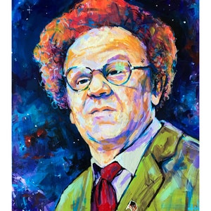 Könnte beinhalten: Ein farbenfrohes Porträt eines Mannes mit Brille, roter Krawatte und grünem Jackett. Der Hintergrund ist eine lebendige Mischung aus Blau- und Lilatönen, die ein kosmisches Thema suggeriert. Der Mann hat lockiges rotes Haar und einen ernsten Gesichtsausdruck.