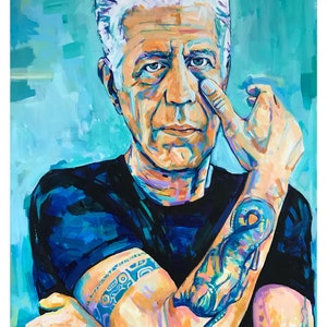 May include: A vibrant portrait painting of a man with gray hair and a black shirt. The man has tattoos on his arms and is touching his face. The background is a blend of blue and teal hues.