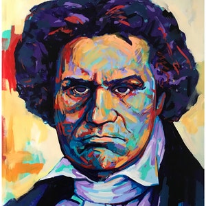 May include: A colorful portrait of a man with dark, curly hair and a stern expression. The artwork features a palette of blues, purples, oranges, and yellows, with a white cravat and black jacket. The painting style is expressive and vibrant.