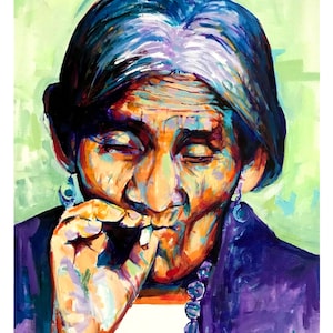 May include: Colorful portrait of a person with closed eyes, smoking a cigarette. The artwork features a vibrant palette of blues, purples, oranges, and greens. The person wears a purple jacket, a beaded necklace, and blue earrings. The background is a light green.
