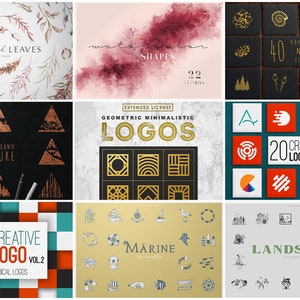 May include: A collection of digital design elements, including watercolor shapes, hand-drawn nature illustrations, and geometric logos. The image features various design styles, including botanical, abstract, and minimalist, with text overlays such as "Twigs and Leaves" and "20 Creative Logo".