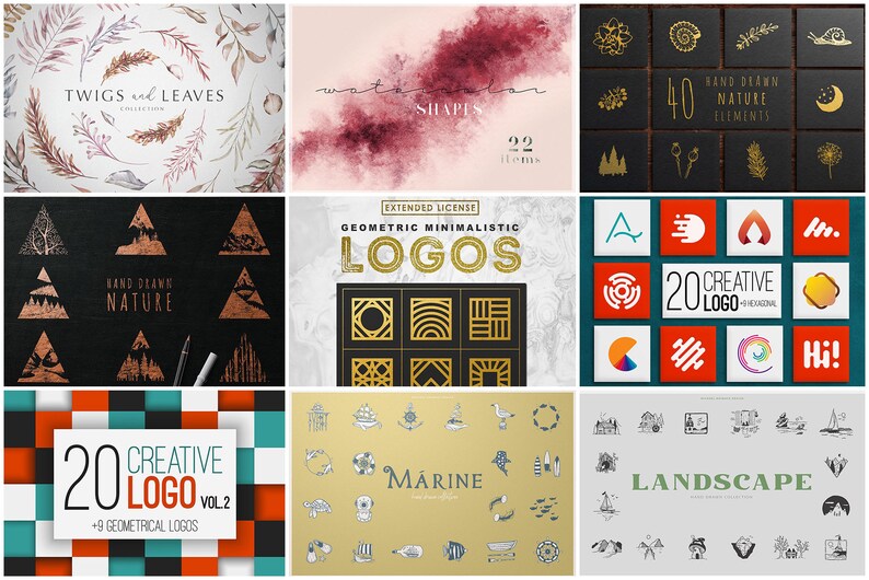 May include: A collection of digital design elements, including watercolor shapes, hand-drawn nature illustrations, and geometric logos. The image features various design styles, including botanical, abstract, and minimalist, with text overlays such as "Twigs and Leaves" and "20 Creative Logo".