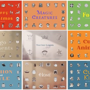 May include: A collection of illustrated graphics with various themes, including Christmas, magic creatures, food, logo elements, marine logos, cute animals, fashion and style, home, and cute kids. Each theme is displayed on a different colored background.