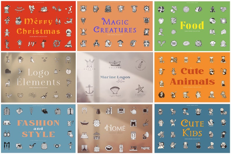 May include: A collection of illustrated graphics with various themes, including Christmas, magic creatures, food, logo elements, marine logos, cute animals, fashion and style, home, and cute kids. Each theme is displayed on a different colored background.