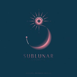 May include: A stylized logo for a cosmetic company called "Sublunar Cosmetics". The logo features a pink crescent moon with a stylized sun inside it. The text "Sublunar Cosmetics" is below the logo, and the text "Michael Rayback Design" is below that.
