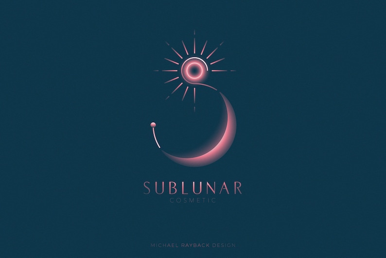 May include: A stylized logo for a cosmetic company called "Sublunar Cosmetics". The logo features a pink crescent moon with a stylized sun inside it. The text "Sublunar Cosmetics" is below the logo, and the text "Michael Rayback Design" is below that.
