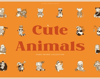 Conjunto de imágenes prediseñadas de animales dibujadas a mano: 100 elementos de dibujos animados adorables.