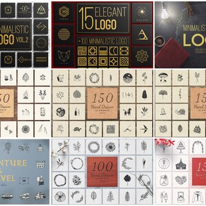 May include: A collection of logo designs and hand-drawn elements. The image features various logo templates with the text "24 Minimalistic Logo Vol. 2" and "15 Elegant Logo". Also included are 150 hand-drawn elements with an adventure and travel theme.
