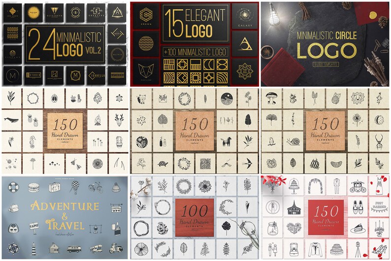 May include: A collection of logo designs and hand-drawn elements. The image features various logo templates with the text "24 Minimalistic Logo Vol. 2" and "15 Elegant Logo". Also included are 150 hand-drawn elements with an adventure and travel theme.