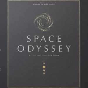 May include: A dark gray background with gold-colored celestial logos. The logos include a crescent moon, a star, a spiral galaxy, a triangle with dots, a circle with rays, and a sun. The text "SPACE ODYSSEY LOGO KIT COLLECTION" is also present.