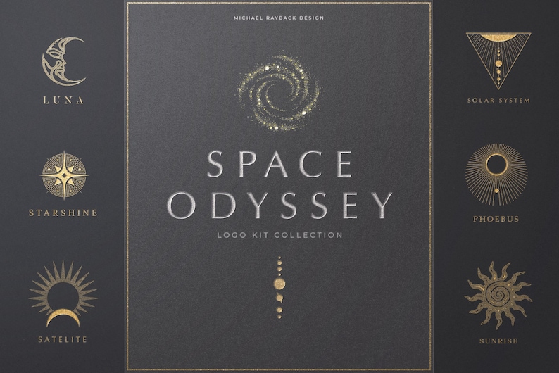 May include: A dark gray background with gold-colored celestial logos. The logos include a crescent moon, a star, a spiral galaxy, a triangle with dots, a circle with rays, and a sun. The text "SPACE ODYSSEY LOGO KIT COLLECTION" is also present.