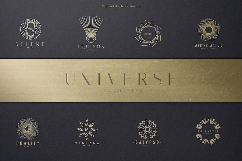 May include: A collection of gold logos on a dark background. The logos feature geometric designs and the names "Selene", "Equinox", "Orion", "Midsommar", "Duality", "Merkana", "Calypso", and "Collapser". The word "UNIVERSE" is displayed in gold.