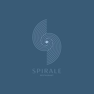 Puede incluir: Un logotipo estilizado para un restaurante llamado "Spirale" con un dise&ntilde;o en espiral blanco sobre un fondo azul.