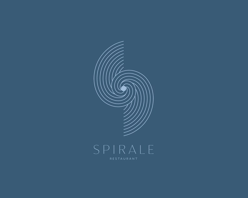 Puede incluir: Un logotipo estilizado para un restaurante llamado "Spirale" con un dise&ntilde;o en espiral blanco sobre un fondo azul.
