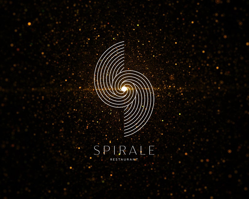 Puede incluir: Un dise&ntilde;o de espiral blanco sobre un fondo negro con purpurina dorada. El texto "SPIRALE RESTAURANT" est&aacute; debajo de la espiral.