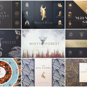 May include: A collection of logo kit designs with celestial and nature themes. The designs feature gold and white illustrations on dark backgrounds, including text such as "Space Odyssey", "MoonRise", and "Silver Breeze".