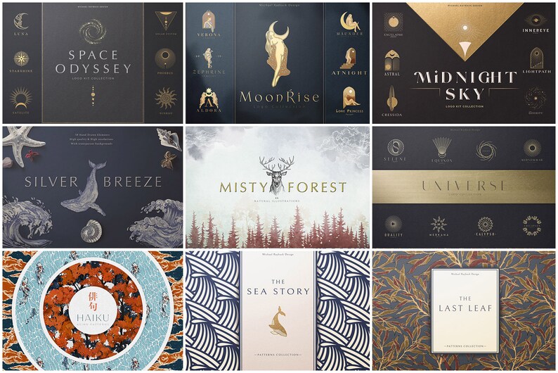 May include: A collection of logo kit designs with celestial and nature themes. The designs feature gold and white illustrations on dark backgrounds, including text such as "Space Odyssey", "MoonRise", and "Silver Breeze".