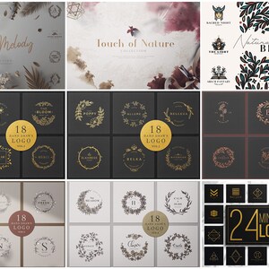 May include: A collection of logos with floral and nature themes. The image showcases various logo designs, including wreaths, botanical illustrations, and minimalist geometric shapes. The color palette includes gold, brown, and black, with text such as "Floral Melody" and "Touch of Nature".