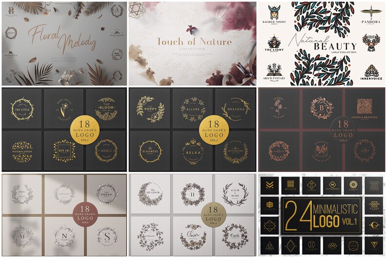 May include: A collection of logos with floral and nature themes. The image showcases various logo designs, including wreaths, botanical illustrations, and minimalist geometric shapes. The color palette includes gold, brown, and black, with text such as "Floral Melody" and "Touch of Nature".