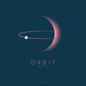 May include: A pink crescent moon with a smaller pink circle orbiting around it. The text "ORBIT CREATIVE" is below the image.