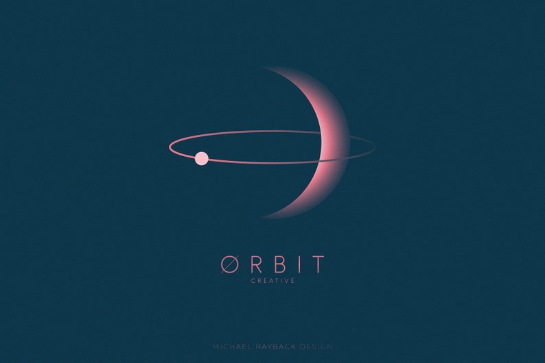 May include: A pink crescent moon with a smaller pink circle orbiting around it. The text "ORBIT CREATIVE" is below the image.
