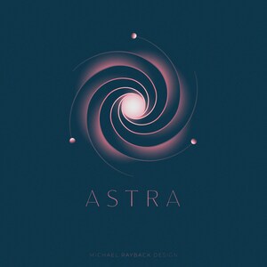May include: A pink and white spiral galaxy design with the word "ASTRA" in pink text below. The text "MICHAEL RAYBACK DESIGN" is in smaller pink text below the word "ASTRA".