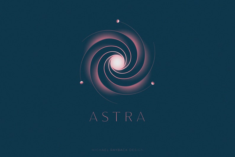 May include: A pink and white spiral galaxy design with the word "ASTRA" in pink text below. The text "MICHAEL RAYBACK DESIGN" is in smaller pink text below the word "ASTRA".
