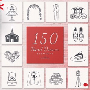 150 handgezeichnete Elemente - Hochzeit - Kunst - Feminin - Natue - Blumen - Braut - Clipart - Postkarte - Liebe - Kleid