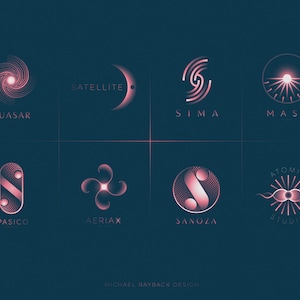 May include: A collection of eight minimalist logos with pink and white geometric designs. The logos are arranged in a grid with the names of each logo below them. The names are "Quasar", "Satellite", "Sima", "Mass", "Spasico", "Aerix", "Sanoza", and "Atomic Studio".
