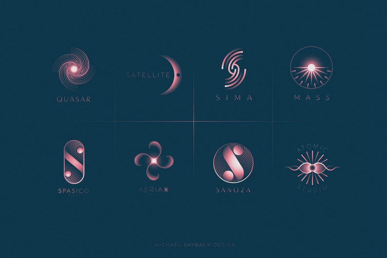 May include: A collection of eight minimalist logos with pink and white geometric designs. The logos are arranged in a grid with the names of each logo below them. The names are "Quasar", "Satellite", "Sima", "Mass", "Spasico", "Aerix", "Sanoza", and "Atomic Studio".