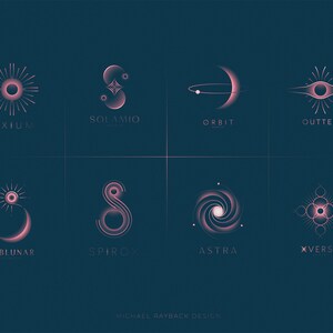 May include: A set of 8 minimalist logo designs featuring celestial and space-themed imagery. The logos are rendered in a pink and white color scheme on a dark blue background. The logos include a sun, a crescent moon, a spiral galaxy, a star, and other abstract shapes.